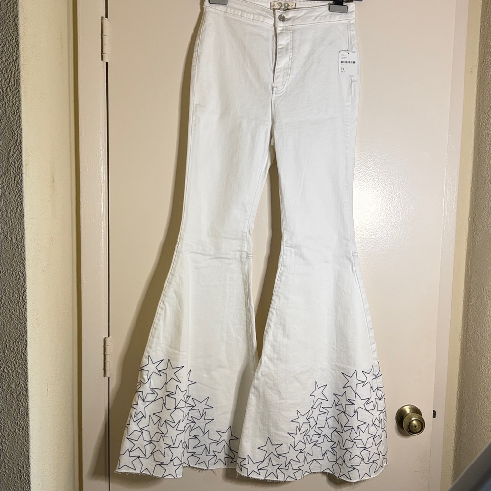 We The Free White Denim Bell Bottoms with Black Stars Accent